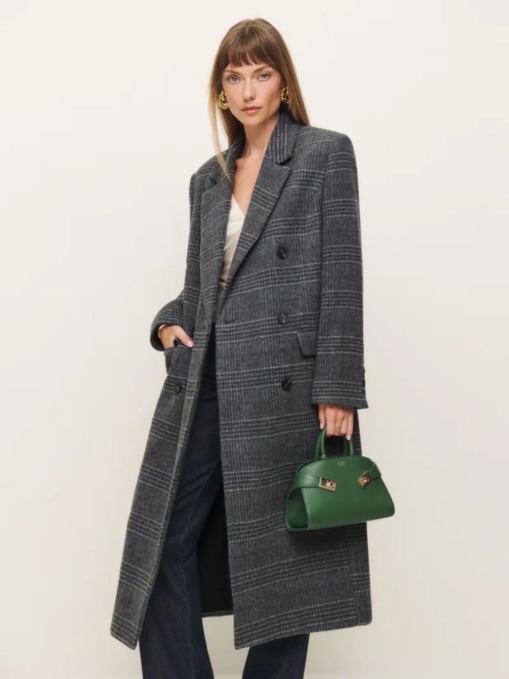 Reformation oversized Charcoal Plaid Long wool Pea Coat